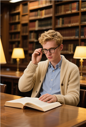 图书馆认真看书的戴眼镜帅哥图片